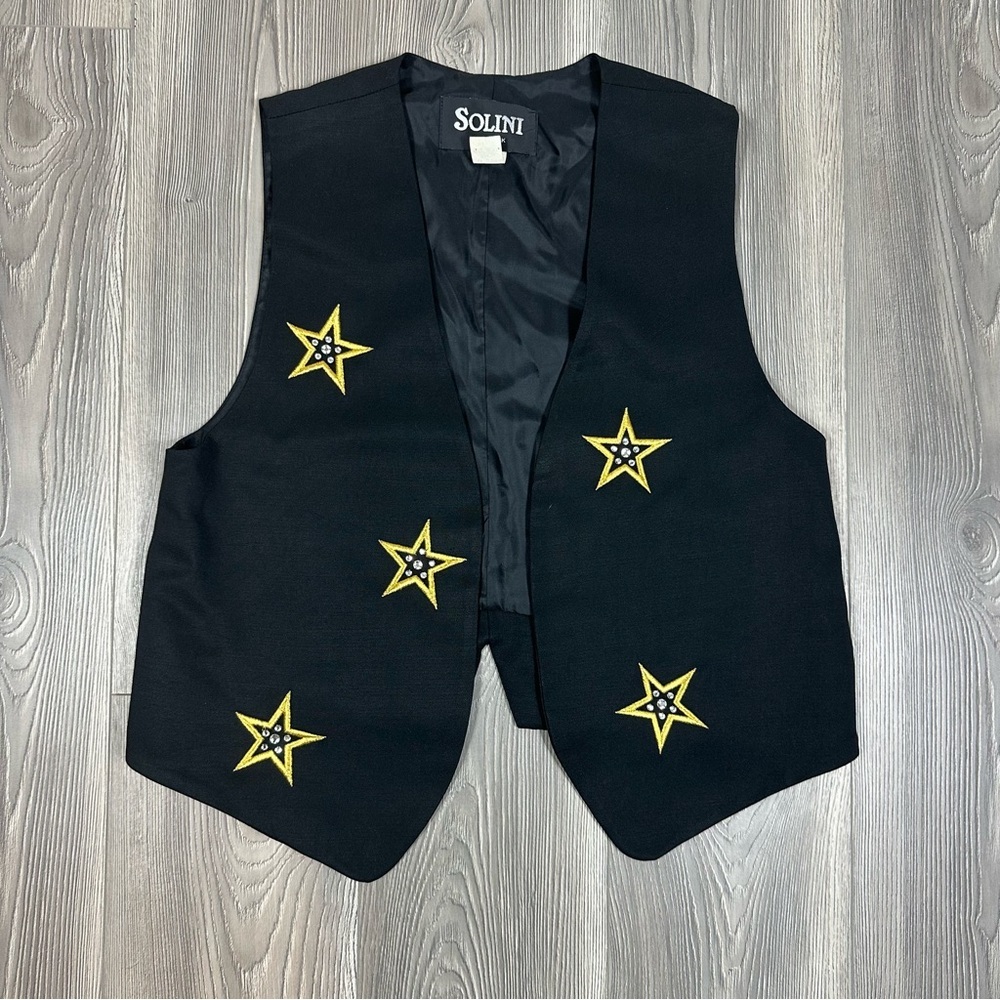 Vintage Solini New York Black Vest‎ Gold Star Embroidery Gem Detail Western